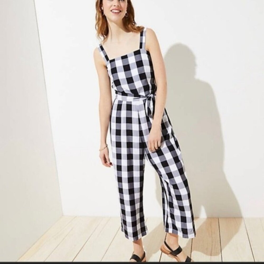 Black White LOFT Gingham Checked Tie Waist Belted Sleeveless Jumpsuit (NWT)